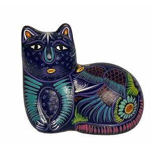Cat Kitten Mexican Folk Art Pottery Blue W Bird Figurine Tonala Talavera Style